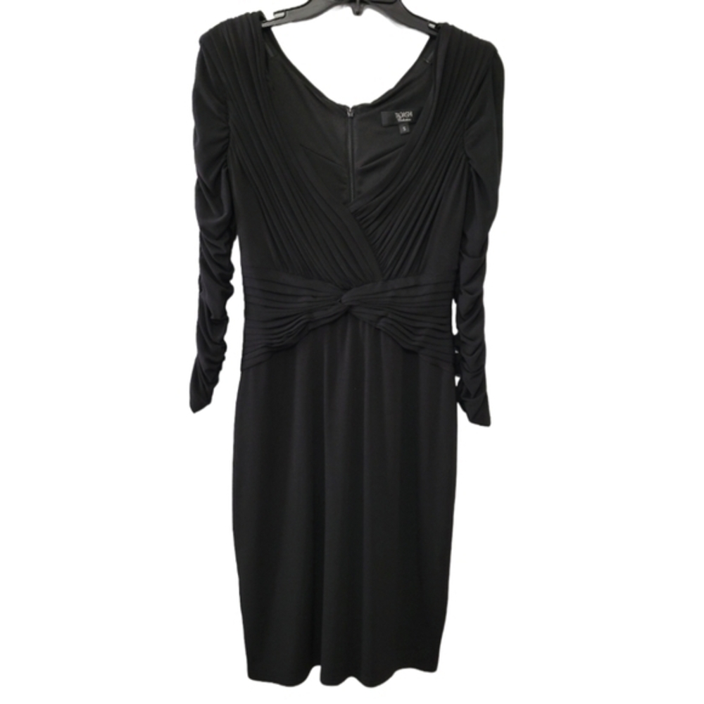 Tadashi Long Sleeve Shirred Pleated Black Cocktail Dress Size‎ S LBD Stretch